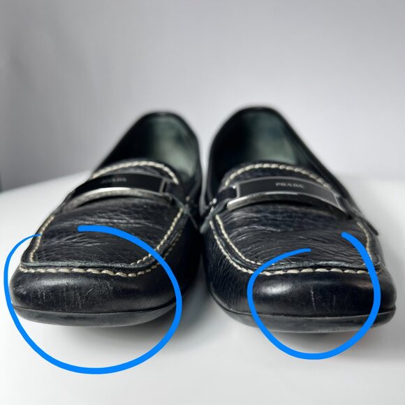 Vintage Prada Daino Black Loafers with White Stitching Women 7.5 Made in Italy - Picture 8 of 11